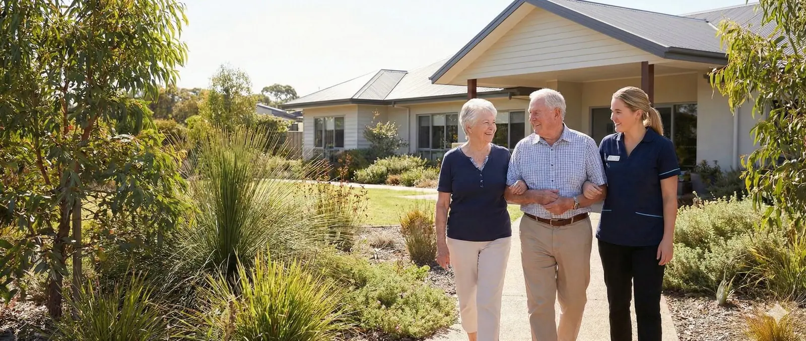 An Able clinician walking arm in arm with an older couple through a native garden