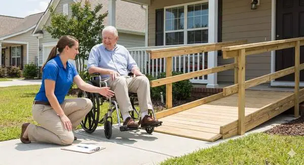 A therapist with a client in a wheelchair at the foot of a new timber ramp