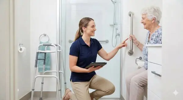 An occupational therapist checking a bathroom grab rail with a client